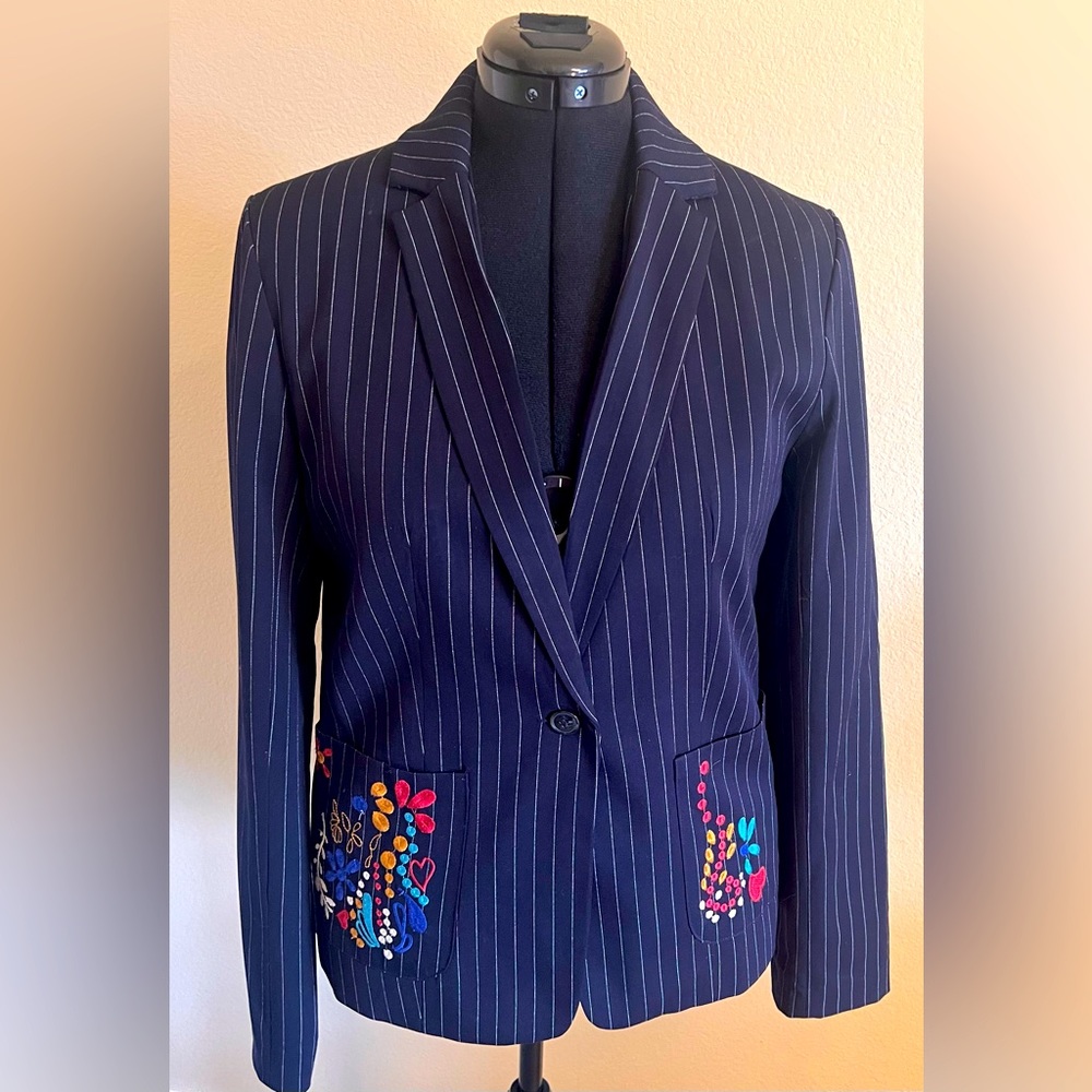 Desigual striped blazer with embroidered embellishments. Size 42 or US 10 or M.